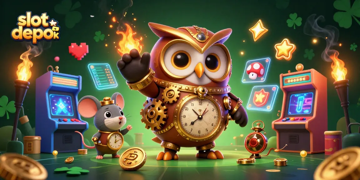 Experience the excitement of slot depo 5k featuring an owl and mouse in a vibrant casino scene.