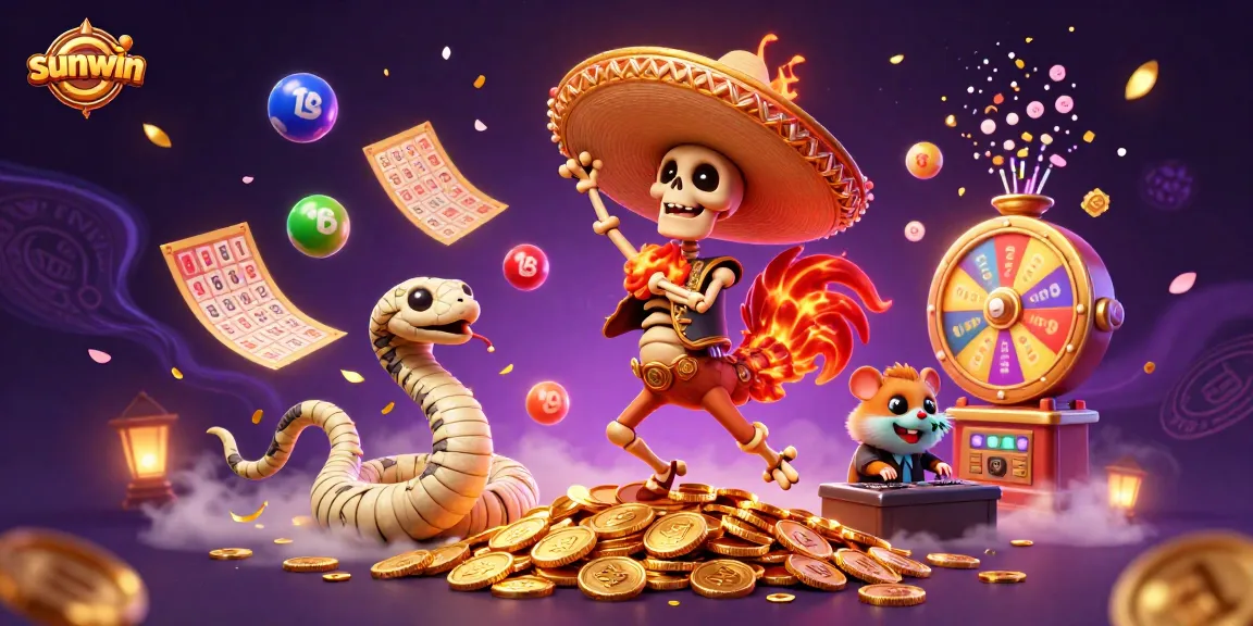 Join the sunwin celebration with vibrant characters and casino elements in an exciting scene!