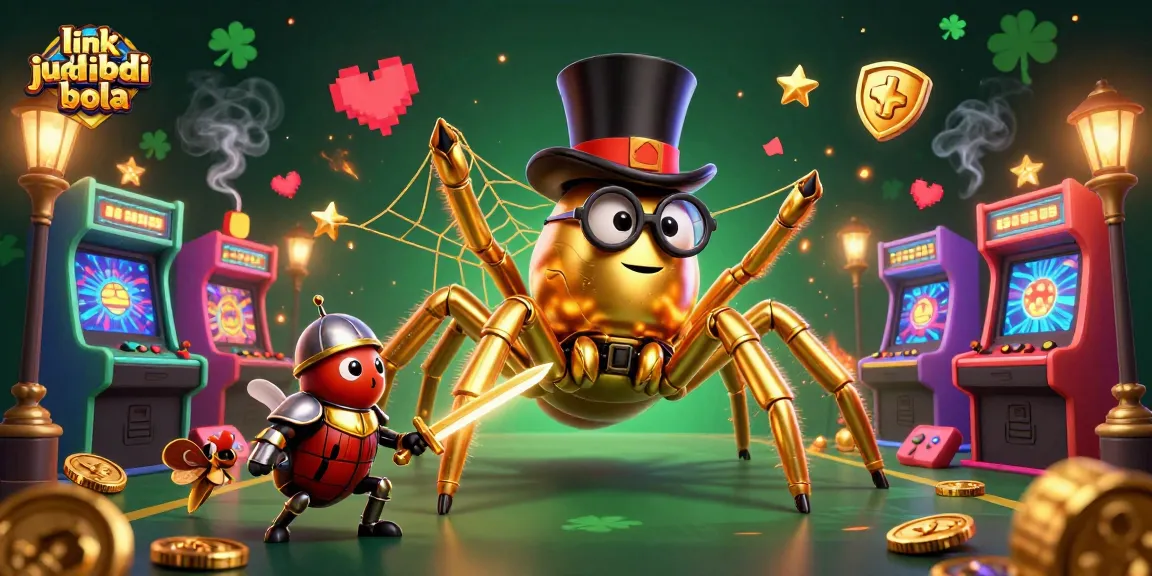Engage in thrilling bets at link judi bola with a unique golden tarantula webbing a vibrant casino scene.