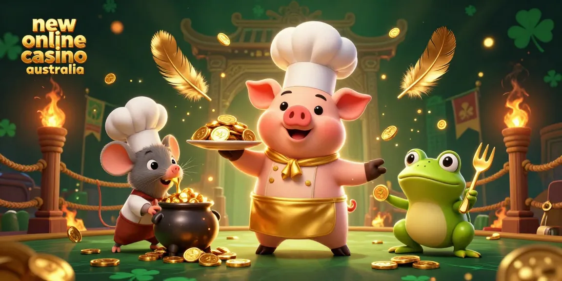 Join the excitement at the new online casino Australia with a vibrant scene featuring gold coins and fun characters.
